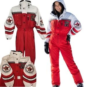 BOGNER Retro Ski Suit One Piece Snowsuit Red White Buffalo Logo Women Size 12